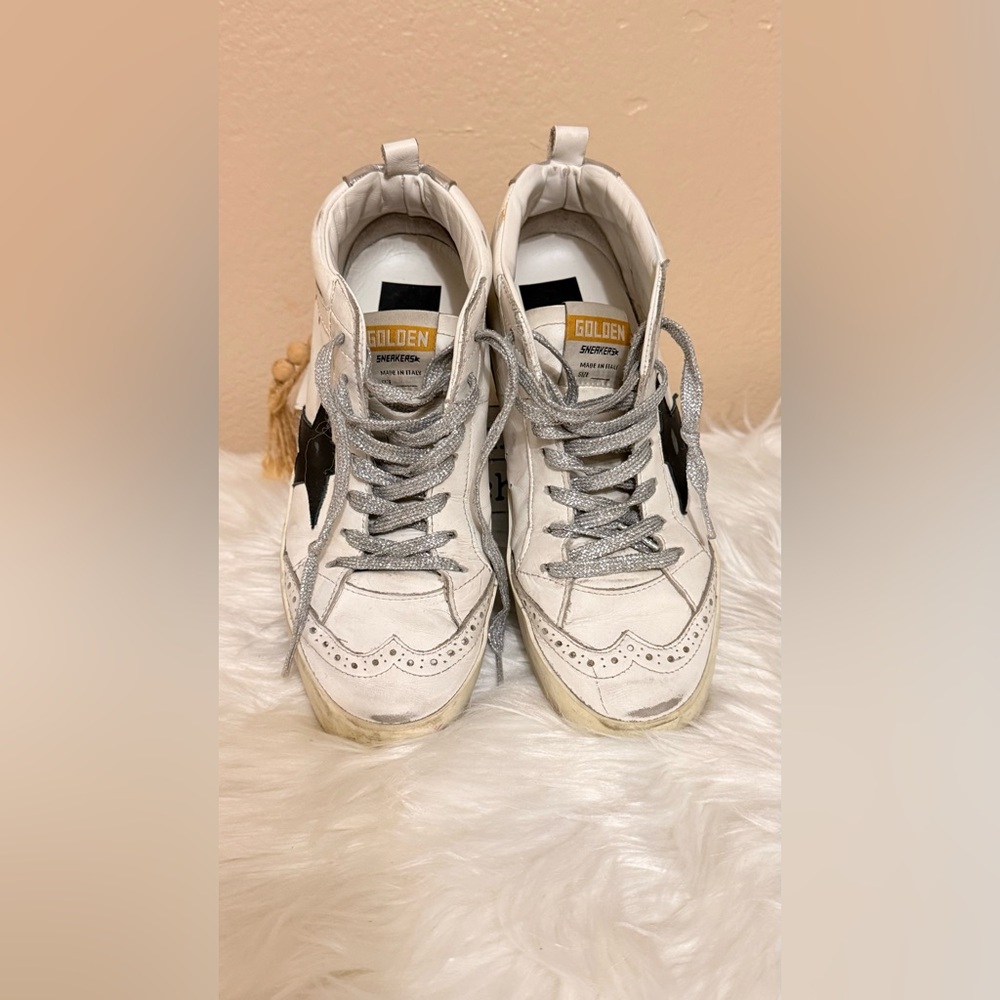 Golden Goose White Sneakers with Black Star and Silver Accents